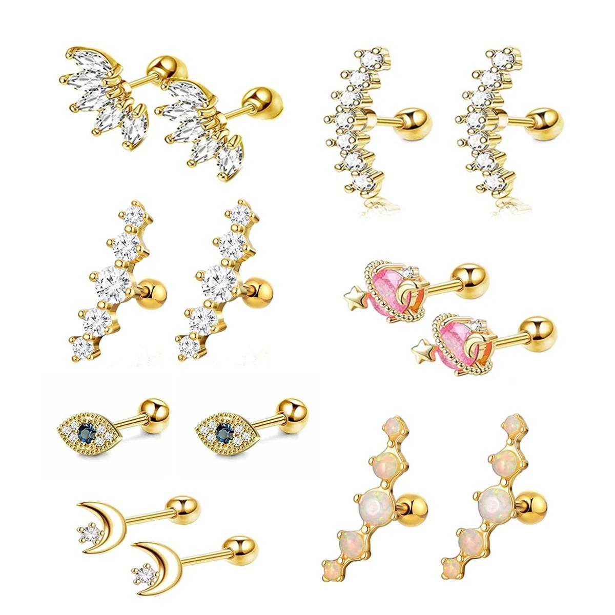 

2 шт. Гипоаллергенные серьги-пусеты из нержавеющей стали для хряща, с глазком, пламенем, луной, штангой с задней застежкой, с кубическим цирконием, пирсинг-украшения