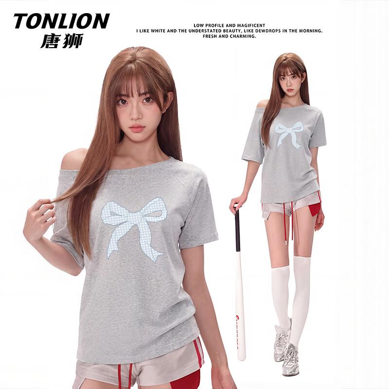 TonLion Women s Loose Fit Bowknot Print T-Shirt M