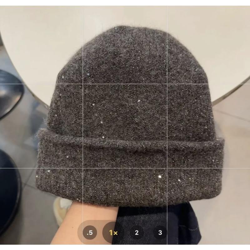 

Autumn and Winter Golden Style Wool Fine Glitter Micro Sequins One Hat Three Large Head Circumference Knitted Hat Ear Protection Face Small Woolen Hat 54-60（cm）