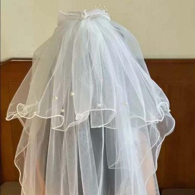 Fashion White Veil Hair Clip Bow Beads Girls Head Gauze Headdress Mesh Bridal Tulle Party Cosplay