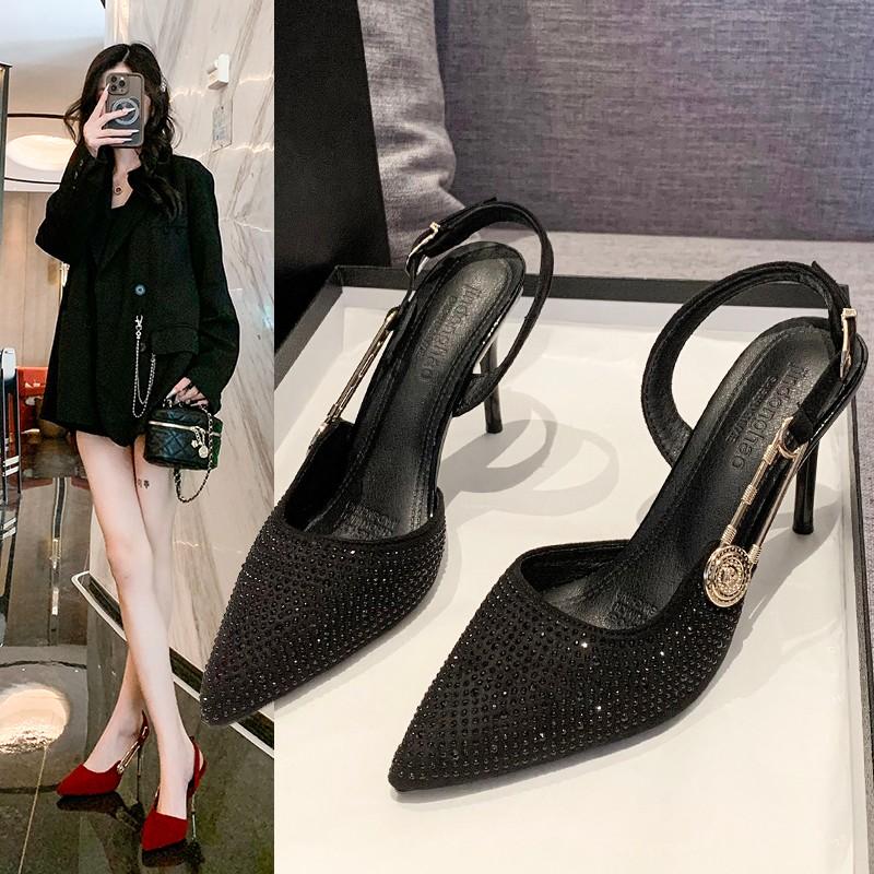 Fashion Luxury Rhinestones Sequined Buckle Women Pumps Elegant Pointed toe Slingbacks Stiletto 8.5cm High heels Spring Fashion Shoes