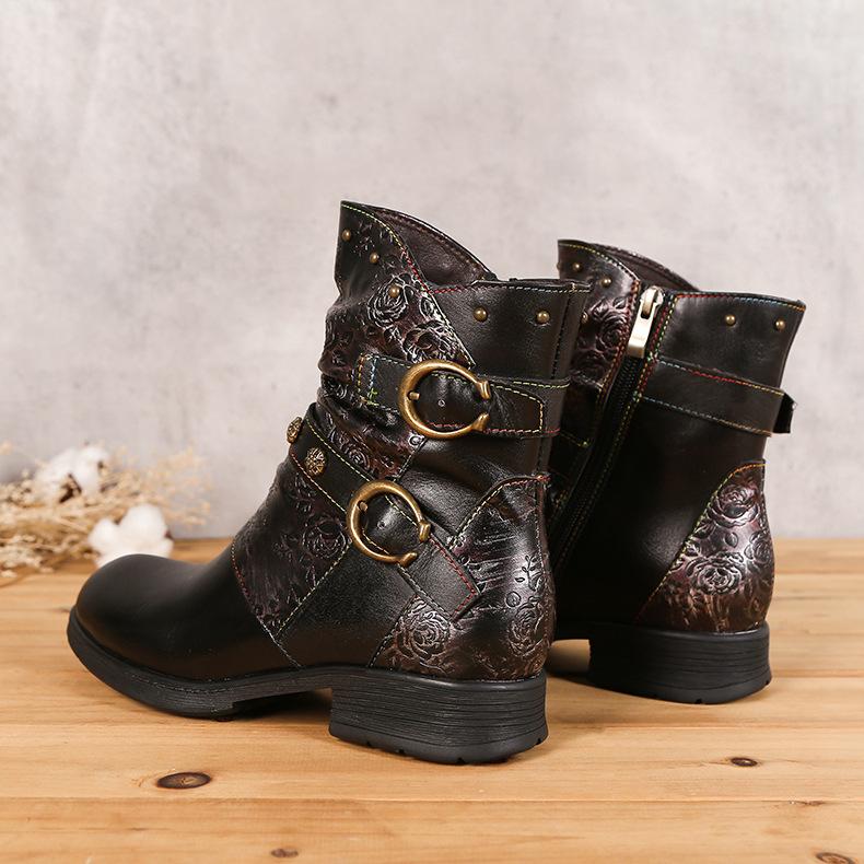 Johnature Boty z pravé kůže Dámské Kozačky Zimní potisk s kulatou špičkou na zip Ruční výroba Stručné Kotníkové boty pro volný čas