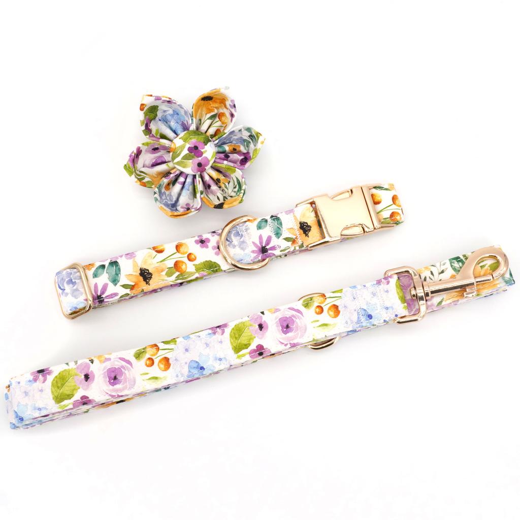 Summer Garden Floral Dog Collar ,Flower Collar with Matching Leash Engraved ID Collar
