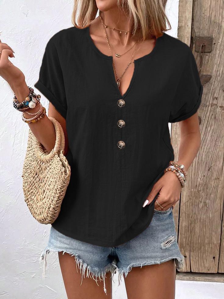 2025 Summer Women's V-Neck Button Short-Sleeved T-Shirt