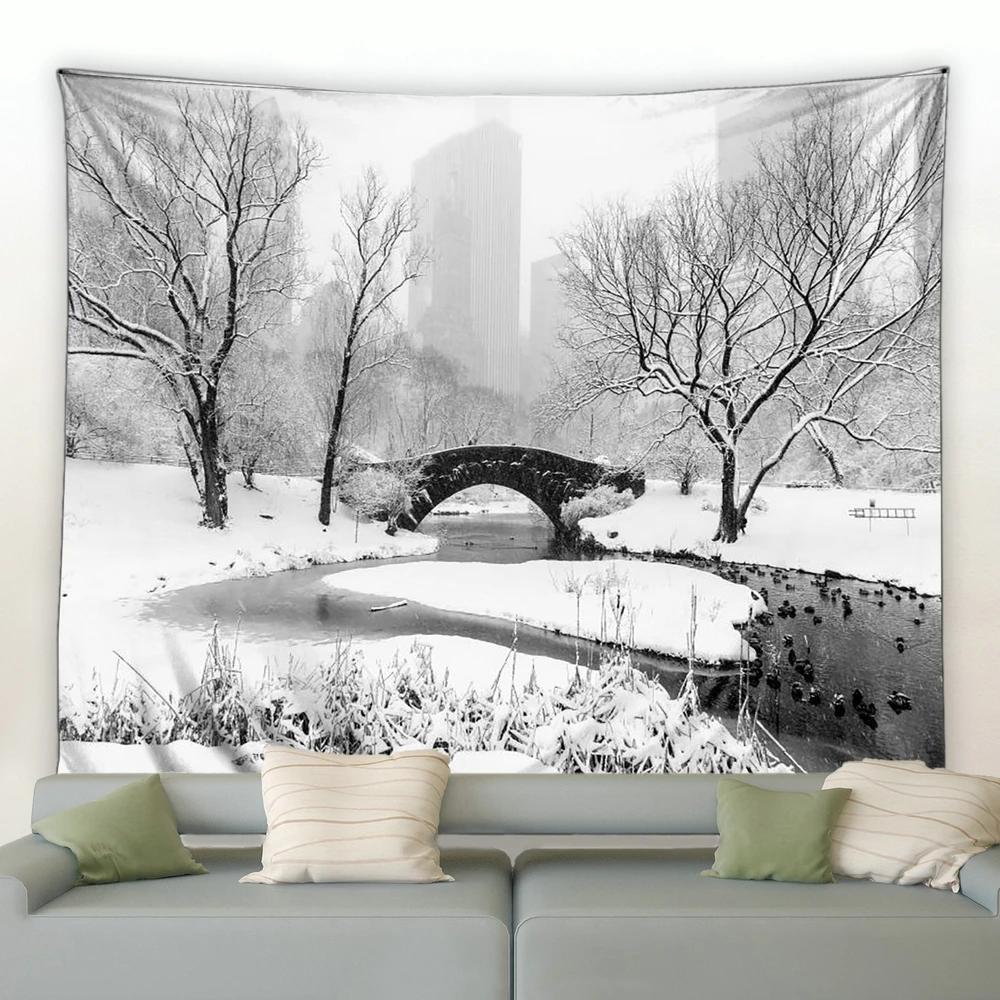 Fereastră Exterior Fulg de Nea Pădure Tapiserie Tapiserii Peisaj de Iarnă Agățat de Perete Decor Artă Acasă Pătură pentru Dormitor Camera de Zi