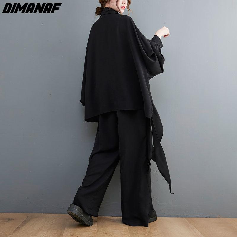 DIMANAF 2021 Women Two Piece Set Casual Tassel Lace Tops Shirts Autumn Loose Wide Leg Pants Oversized Spring Summer Oversize