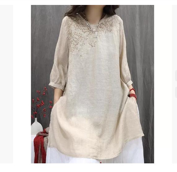 Camicia Ricamata Retro Primavera/Estate Larga Letteraria Casual di Media Lunghezza Top da Donna