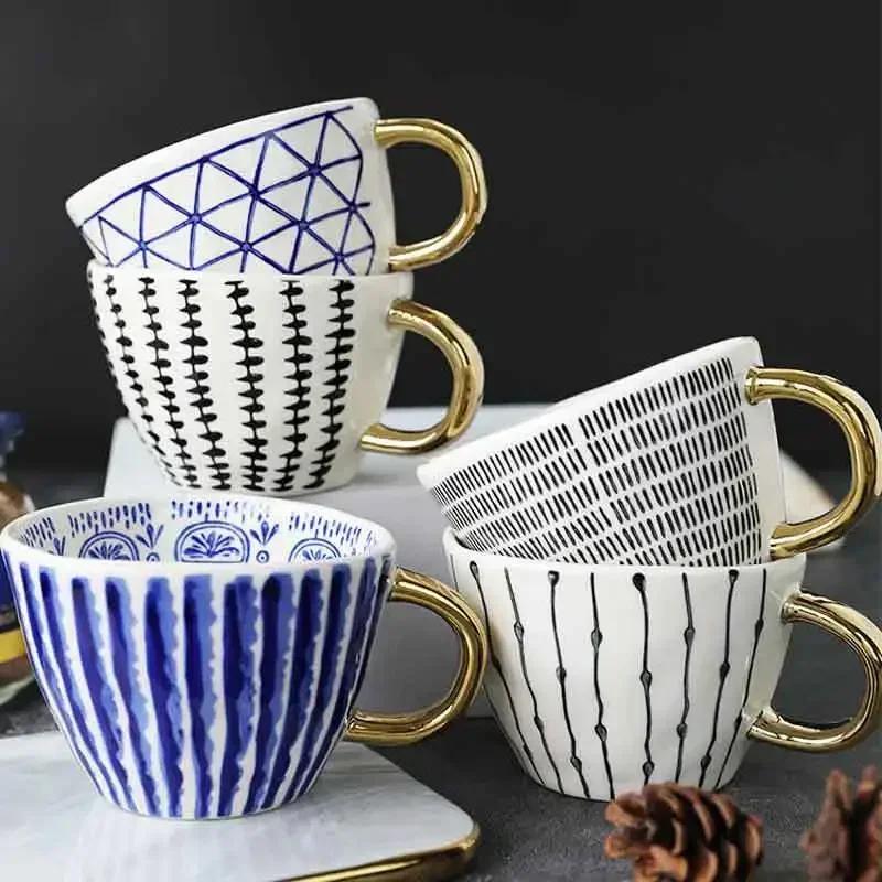 

Japanese Style Irregular Hand-Painted Striped Ceramic Coffee Mug Large Capacity Drinkware Water Cup Oatmeal Wide Mouthed Tea Cup 301-400ml