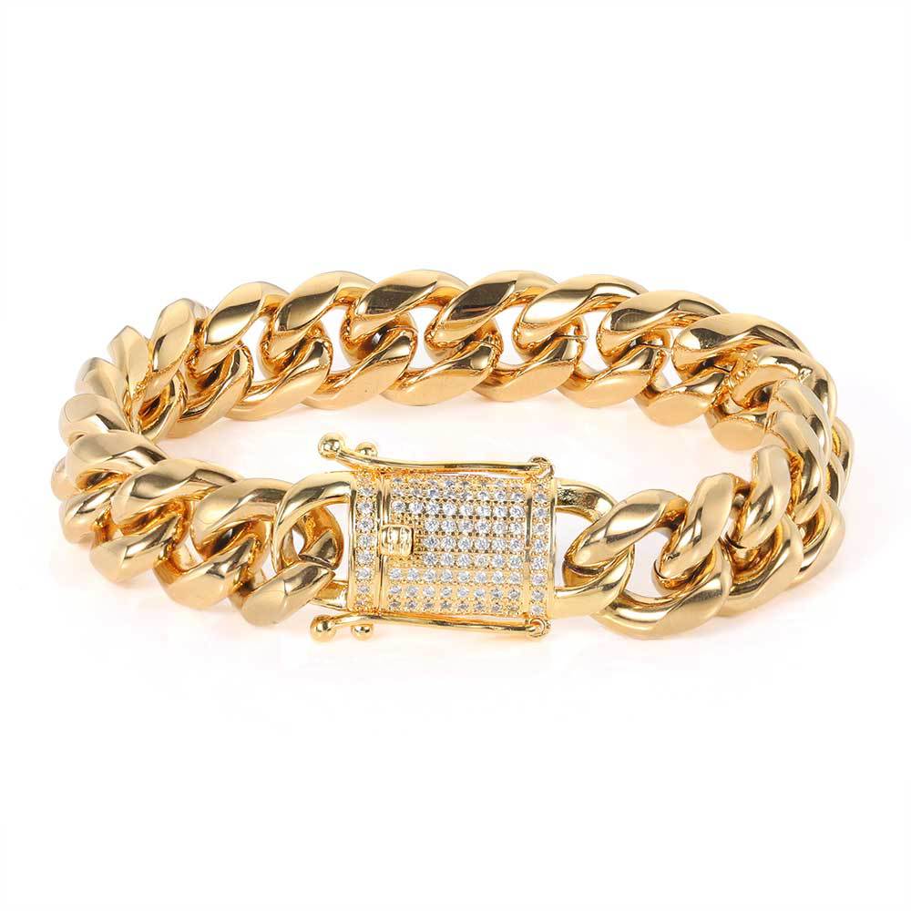 European and American Hip Hop 12mm Diamond Buckle Stainless Steel Round Grinding Encryption Cuban Chain Electroplating Titanium Steel Men's Bracelet