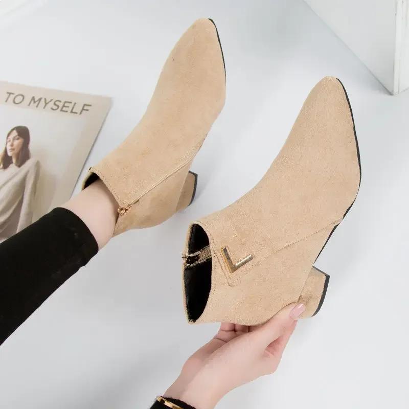 Fashion Women Boots Casual Leather Low High Heels Spring Shoes Woman Pointed Toe Rubber Ankle Boots Black Red Zapatos Mujer785
