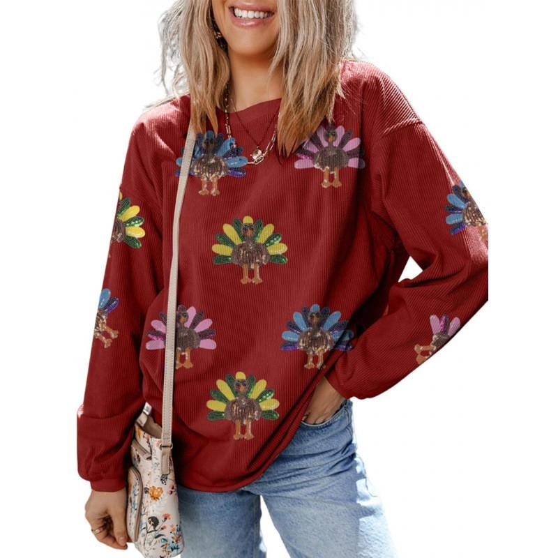 Womens Turkey Print Crew Neck Long Sleeve Hoodie Loose Fit Casual Top 2025