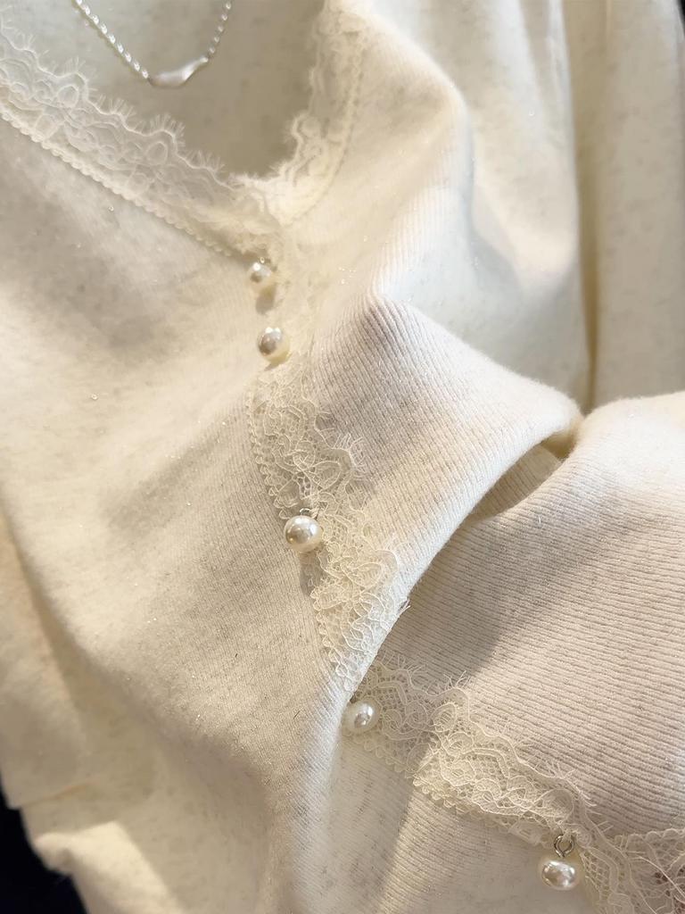 Pull-over pour femme à col en V avec patchwork de dentelle scintillante - Tricot polyvalent de couleur unie pour l'automne 2025