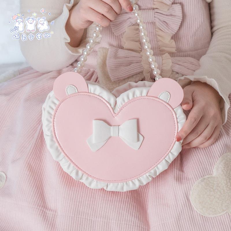 Contrast Heart Bow Bags for Woman Original Lolita Sac Femme Pearl Crossbady Bag Cute Bolso Teenage Girls Bolsos De Mujer