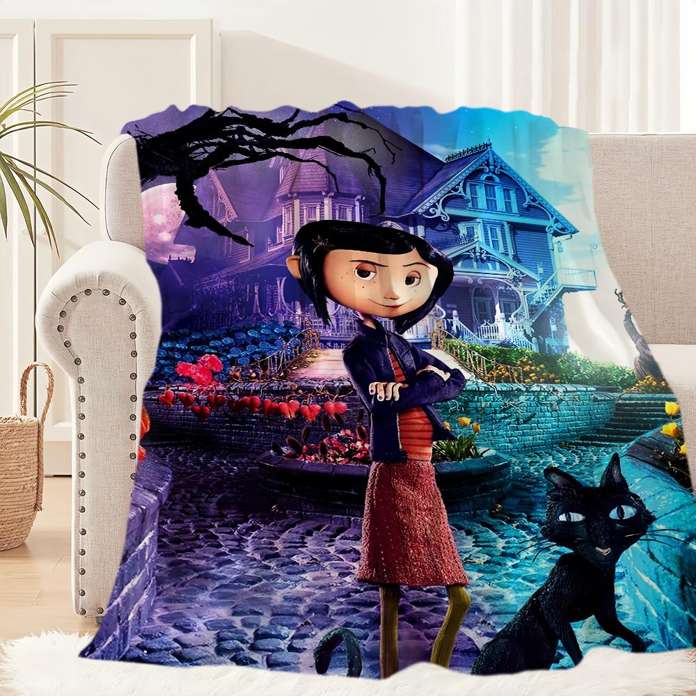 Kreskówkowy Koc Filmowy Coraline Pluszowy Dywanik do Drzemki na Sofę do Salonu Ciepły Biuro Sypialnia Urodziny Dom Podróż Dzieci Prezenty