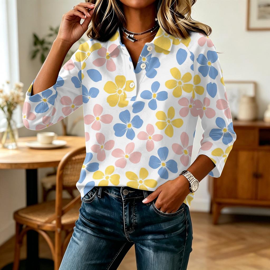Women's Casual 3/4 Sleeve Top Floral Print Patchwork Blouse Buttoned V-Neck Lightweight Comfortable Fit