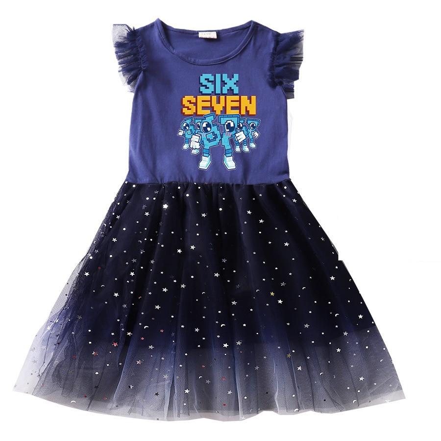 

9193 Kids Girls Steal a Brainrot 67 Six Seven Print Sleeveless Ruffle Casual Mesh Dress 150cm темно-синього кольору