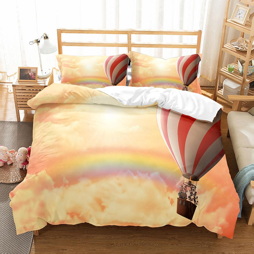 Heißluftballon Bettbezug Set Weißes Wolkenmuster Polyester Bettdeckenbezug King Queen Einzelgröße Für Kinder Mädchen Schlafzimmerdeko
