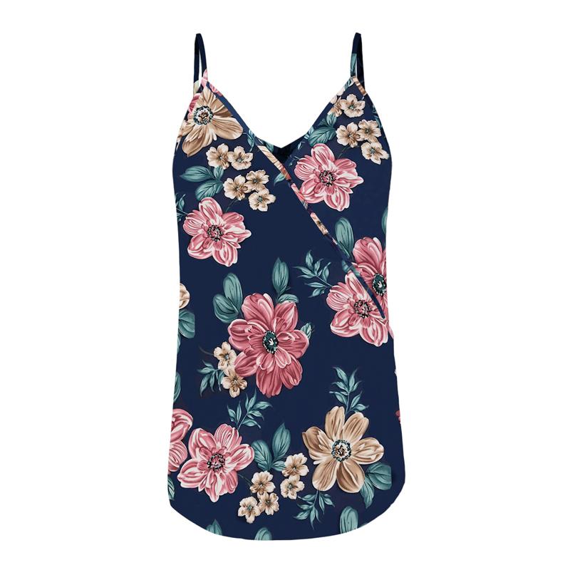 Kvinner V-hals Floral Tank Tops Dame Sommerferie Uformell Løs Vest T-skjorte