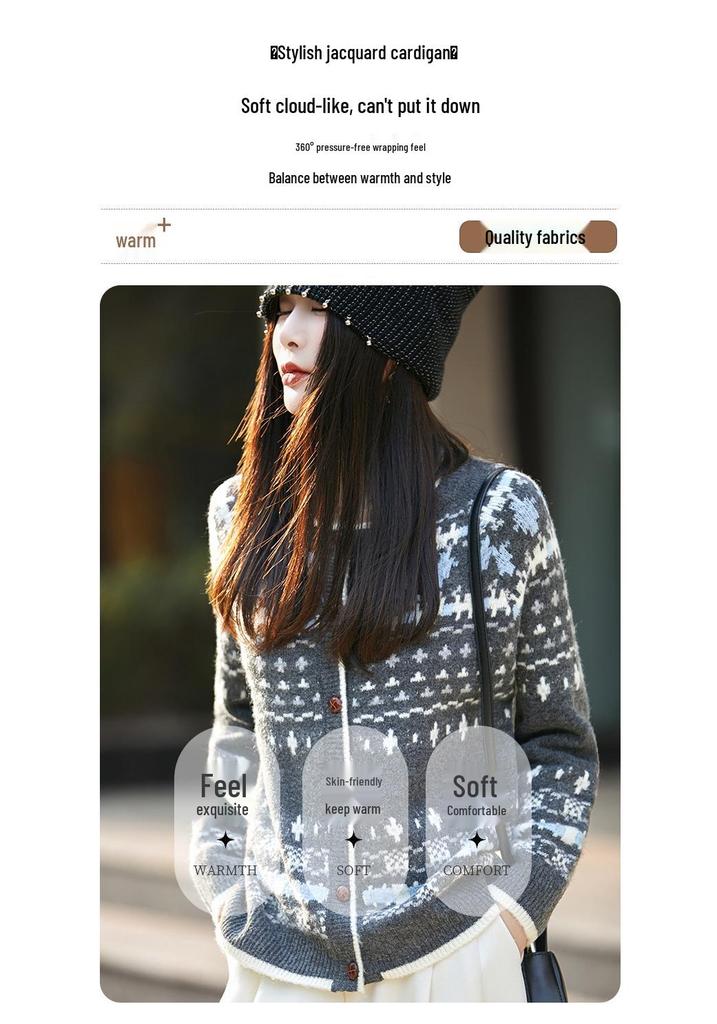 Retro Jacquard Round Neck Sweater - Women's Autumn/Winter Thick Loose Knit Cardigan, Korean Style Chic Top