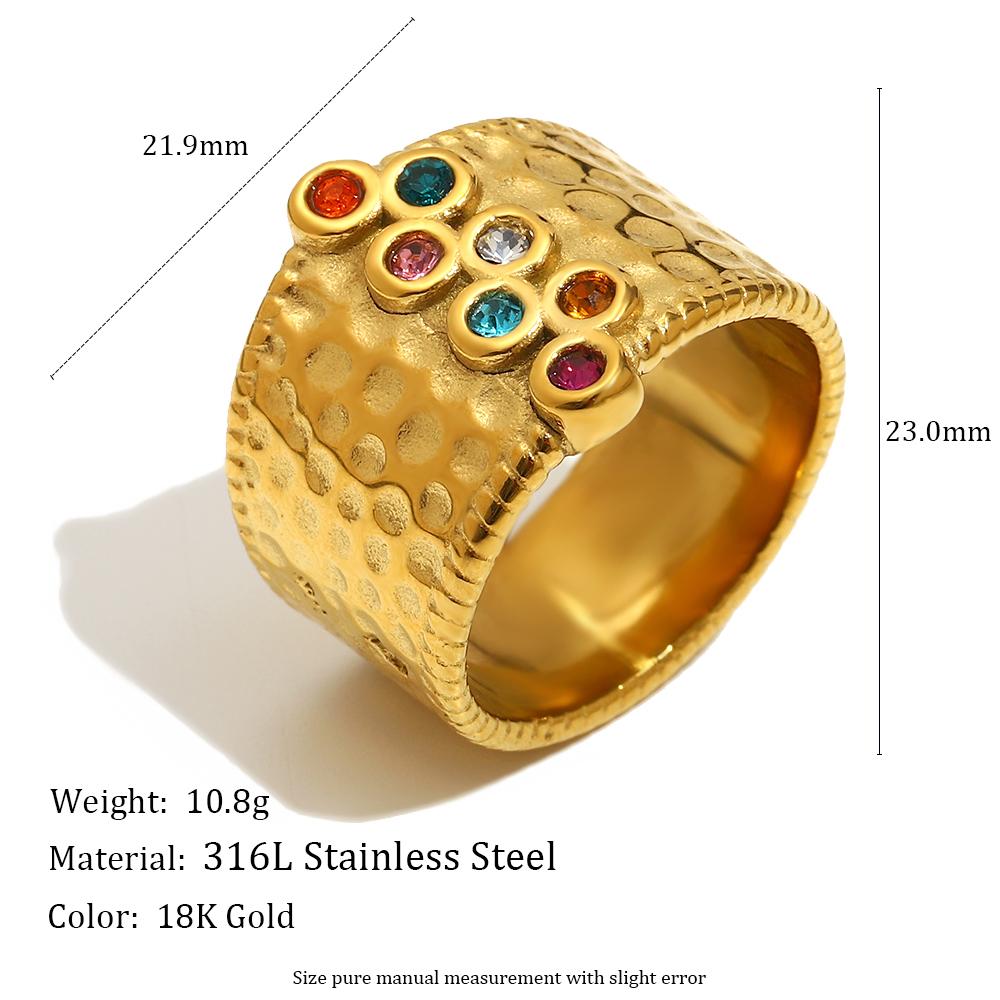 MamacitaSlay 316L Stainless Steel Multi Colored Zircon Hammer Patterned Wide Ring Party Waterproof Jewelry Women's Charm Ring