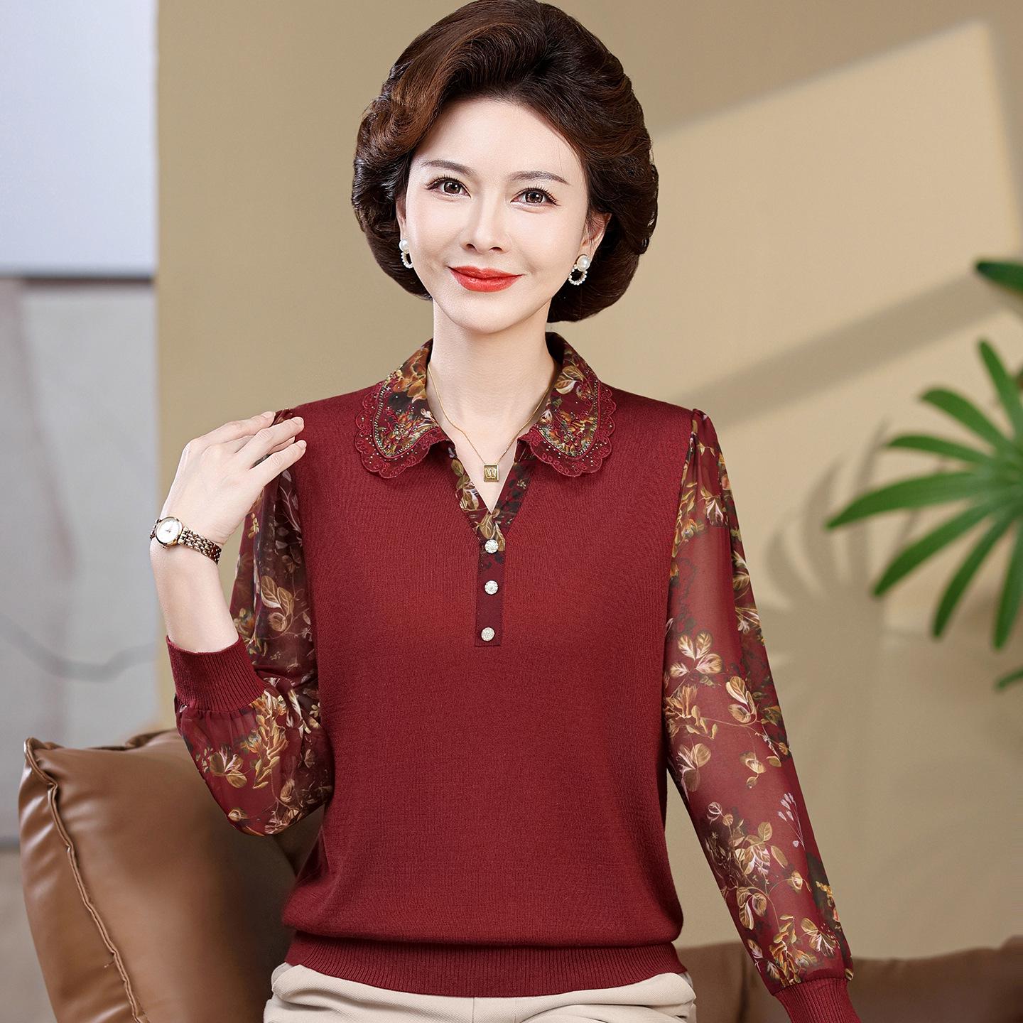

2026 Stylish Autumn Long Sleeve Shirt for Middle-aged Women - Plus Size Available M (85-105 jin) вино красного