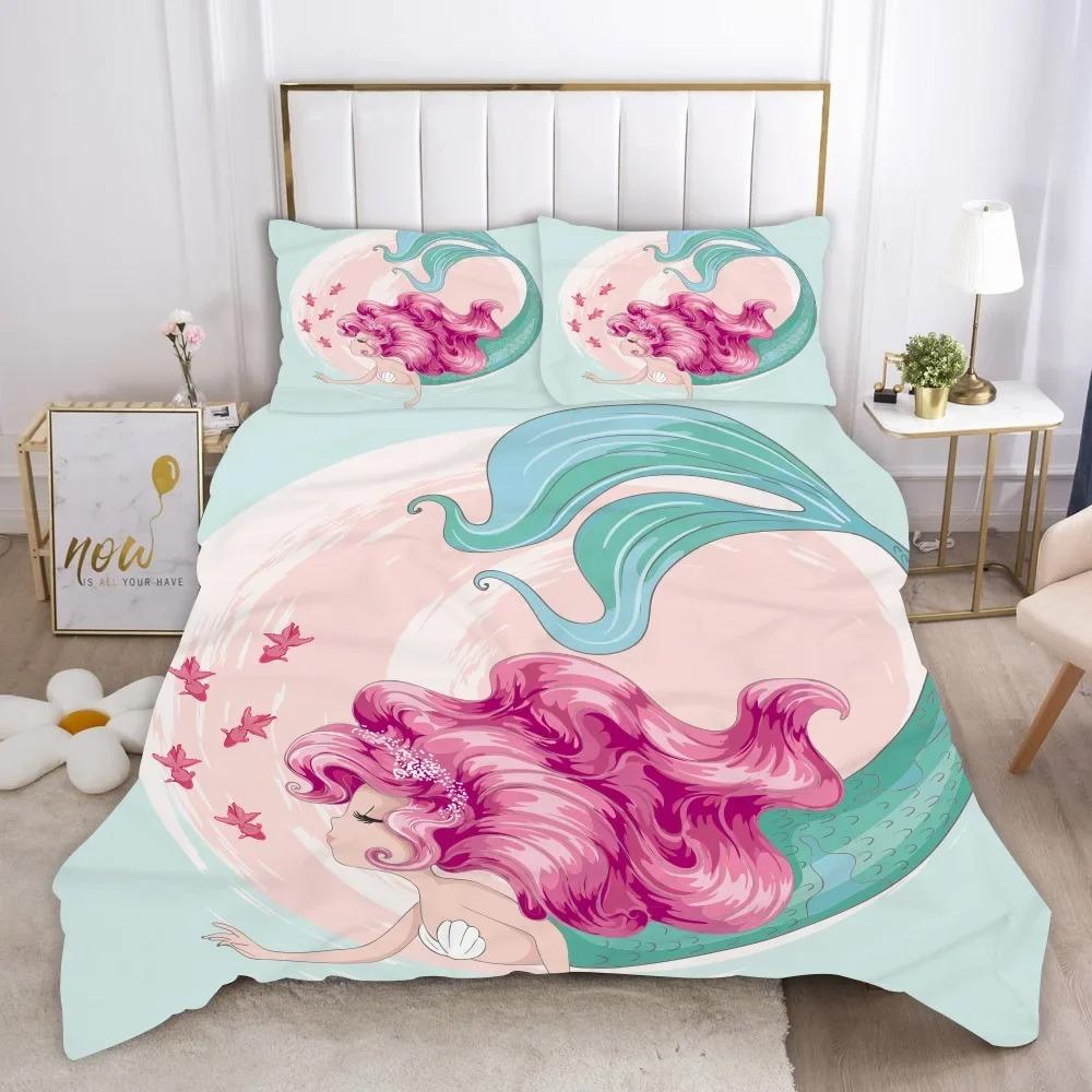 Mermaid Duvet Cover King Queen Cute Cartoon Fairy Tale Sea Creature Bedding Set Fish Scale Girly 2/3pcs Polyester Quilt Cover