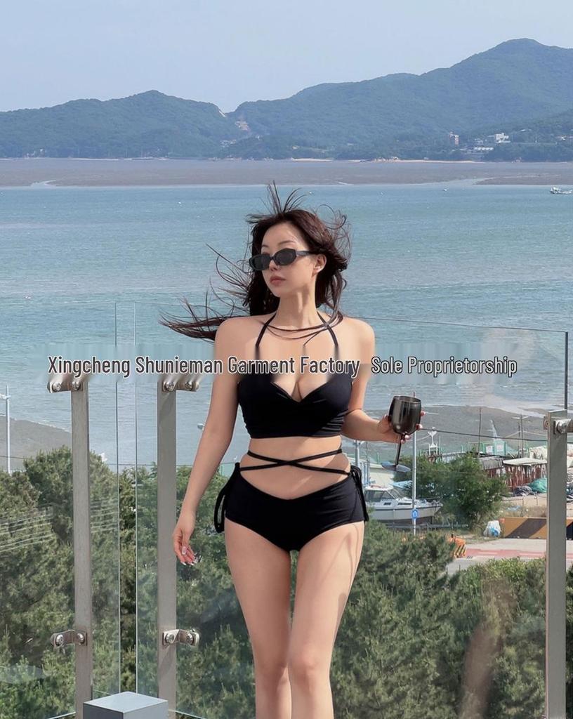 Women's High-End Ins Style Bikini: Sexy Solid Color Swimwear for Small Bust with Gathered Design, Perfect for Hot Springs