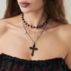 Dark Punk Style Cross Beaded Necklace, Sweet Cool Shining Stars Zircon Stacked Collarbone Chain