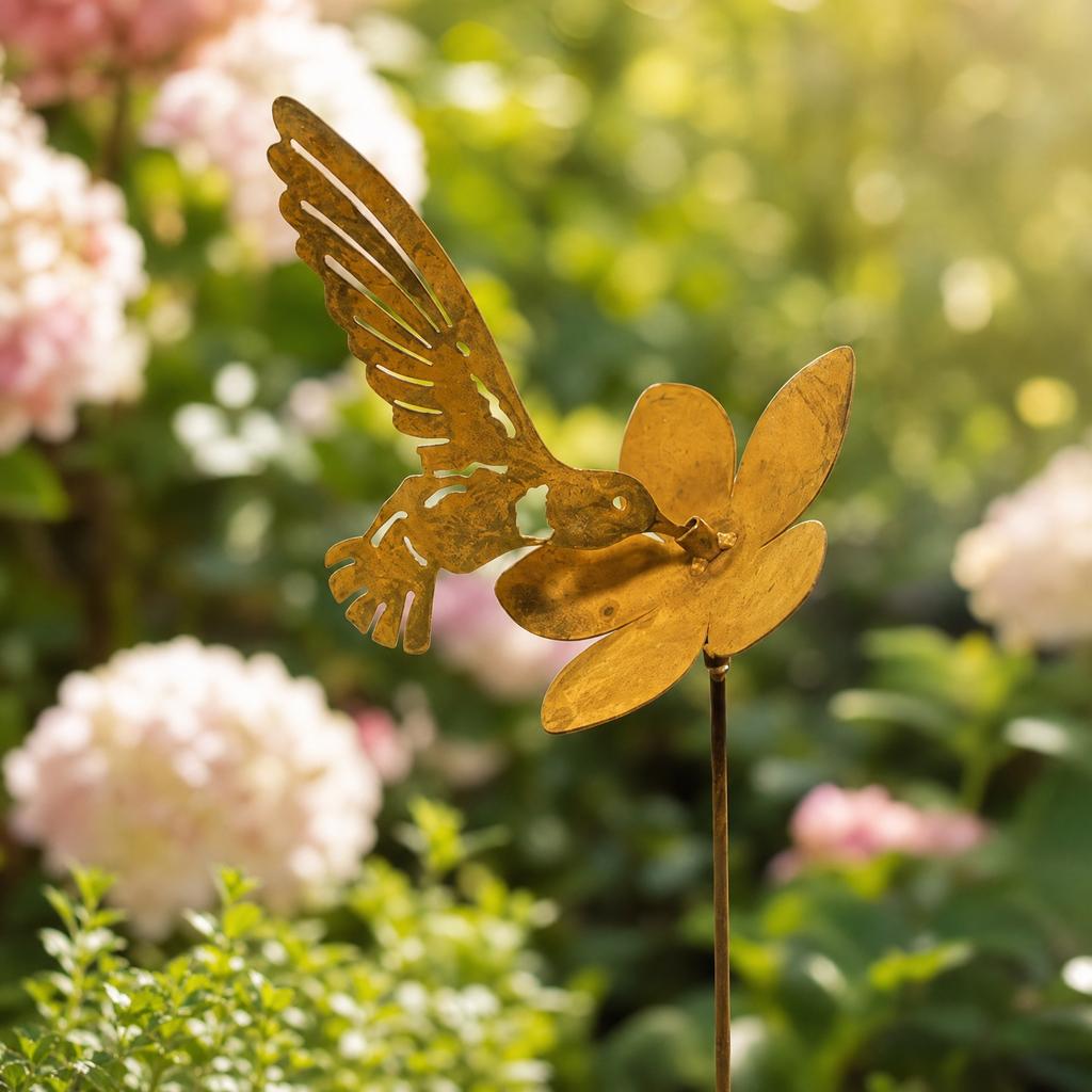 Rust Hummingbird Garden Stake Metal Yard Art Decorative Outdoor Lawn Sculpture with Flower Design for Patio Lawn and Garden