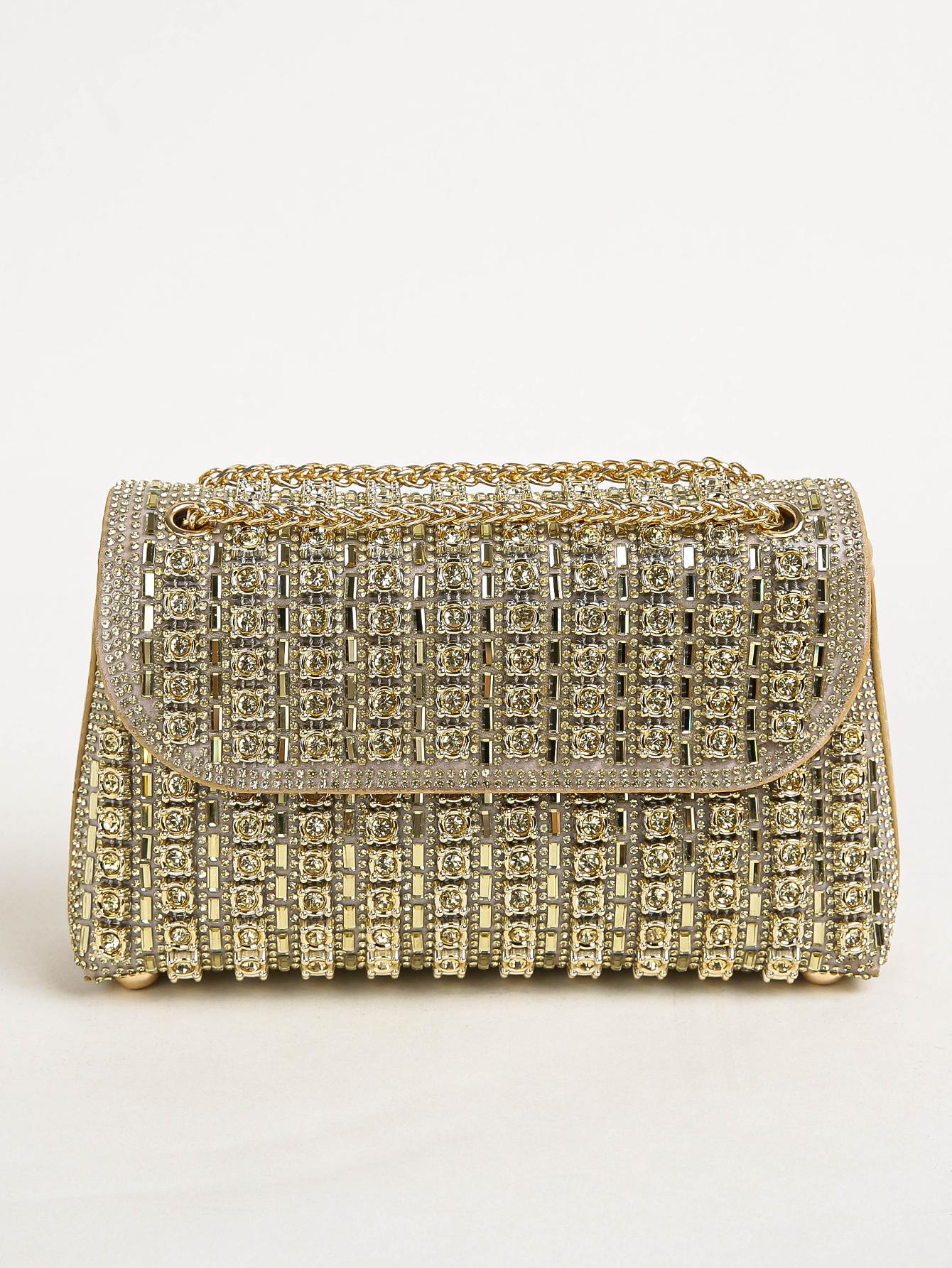 

1 шт. Квадратная сумка, Разноцветная, Блестящая, Glamorous, Элегантная, Изысканная, С цепочкой из страз, Плечевая вечерняя сумка, Верх