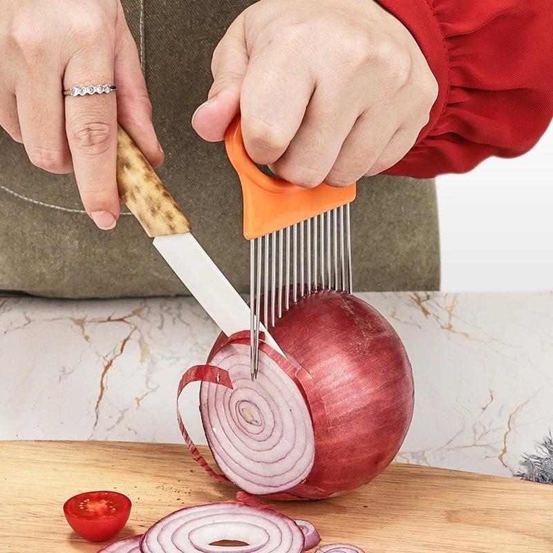 

Tomato Onion Fruit Vegetables Slicer Cutting Aid Holder Guide Slicing Cutter Safe Fork Cooking Tools помаранчевий