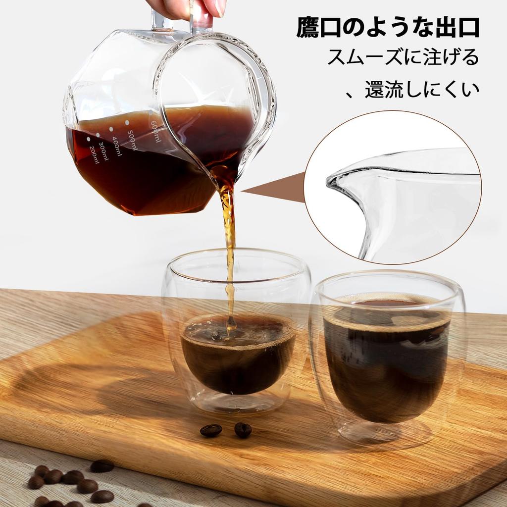 FGIUKC Coffee Server, Heat-Resistant Glass with Wooden Holder, 600ml Capacity with Graduations, Serves 2-4 People, Microwaveable, V60 Dripper, Hand