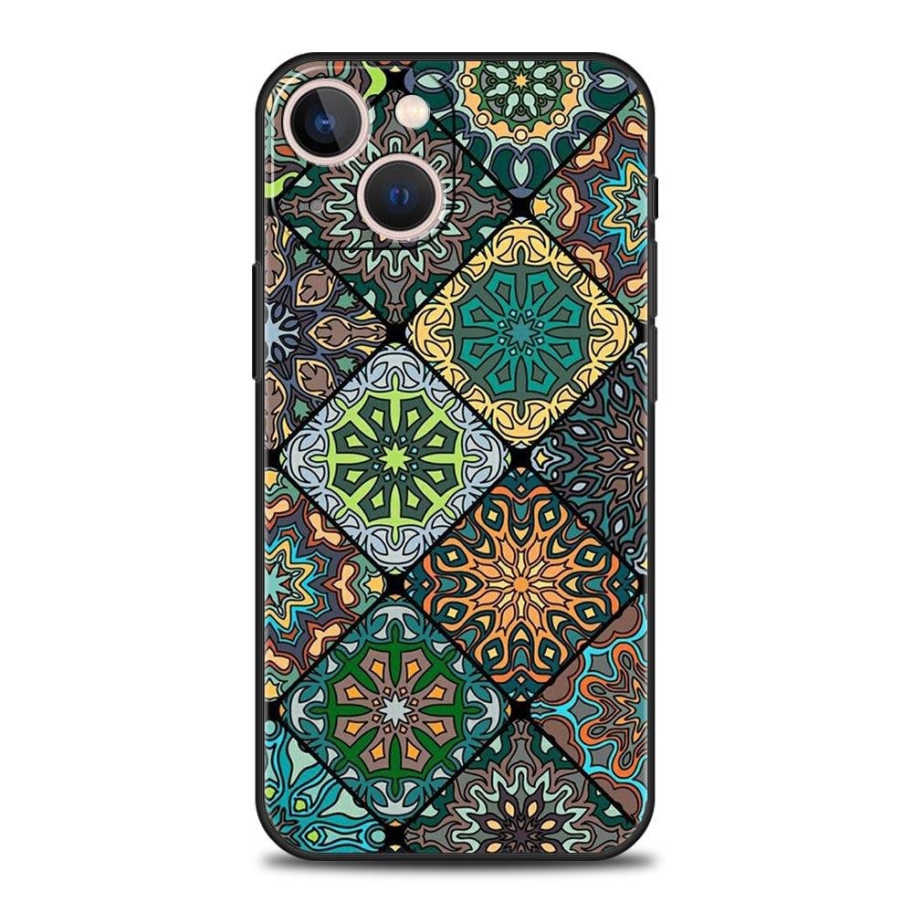 Mandala flower totem Luxury Phone Case For iPhone 13 15 14 12 11 Pro MAX XR X SE XS 7 8 Plus Silicone Black Protection Cover