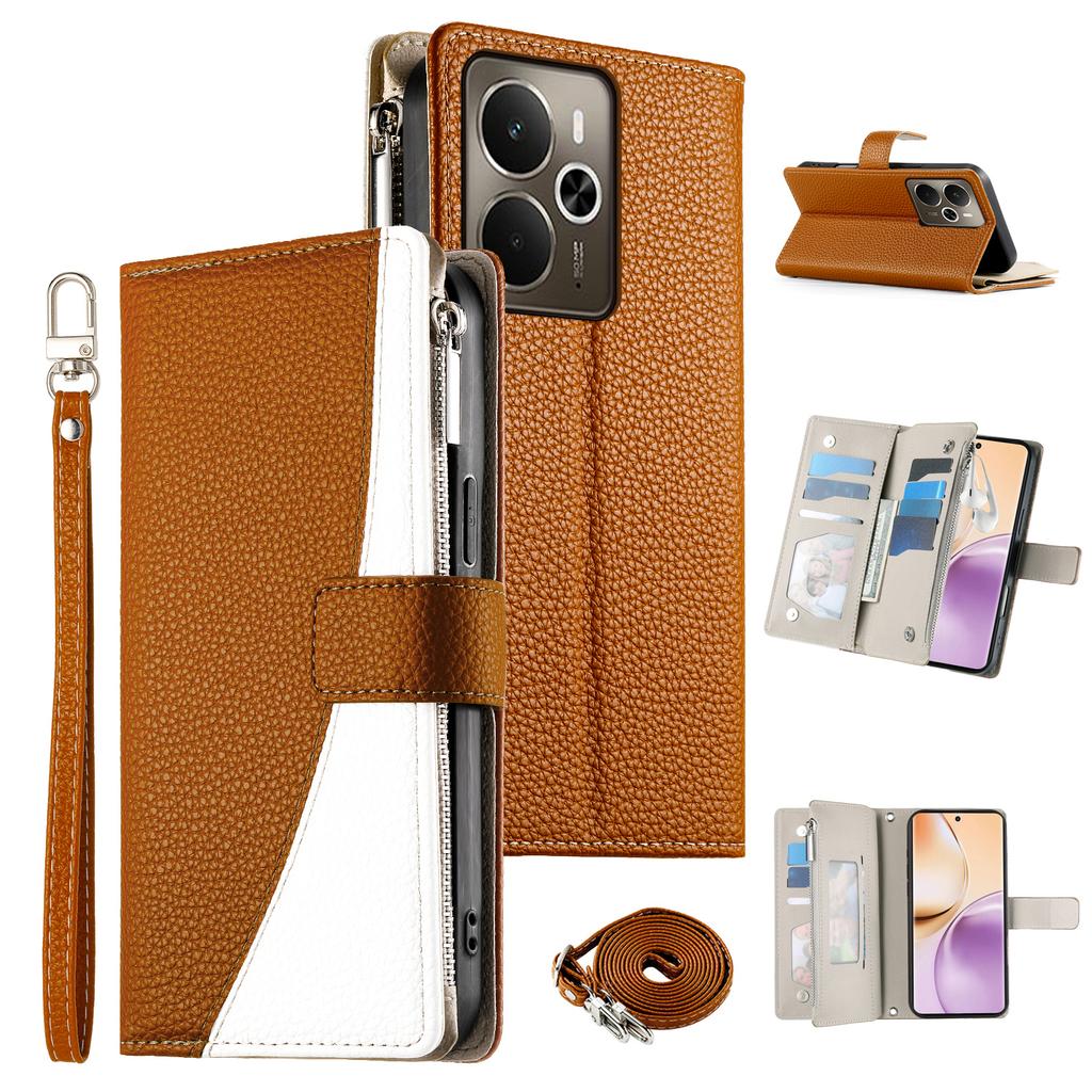 For Realme 14 5G Case Zipper Wallet Color Splicing Leather Flip Phone Cover with Straps