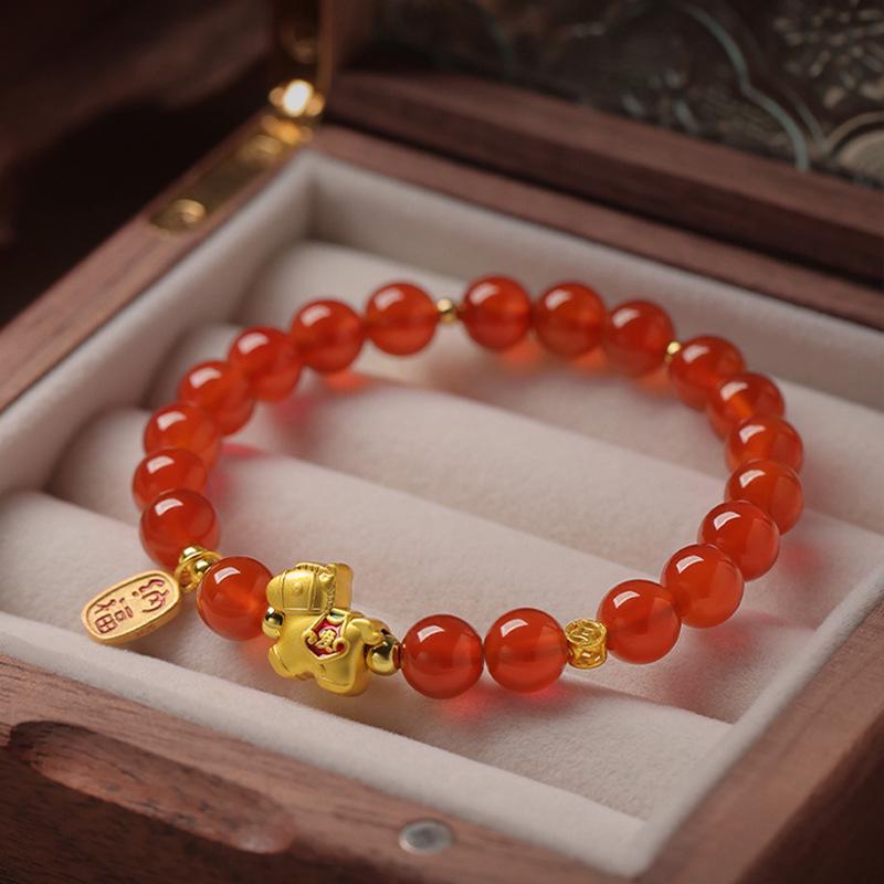 Natural Red Agate Horse Zodiac Bracelet for Women - 2026 New Style with Sand Gold Accents