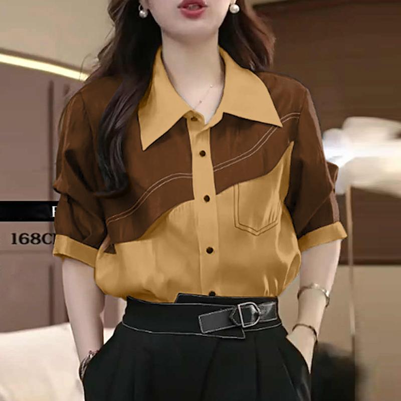 

ZANZEA Женская повседневная блузка с отложным воротником и короткими рукавами в стиле пэчворк 5XL хаки