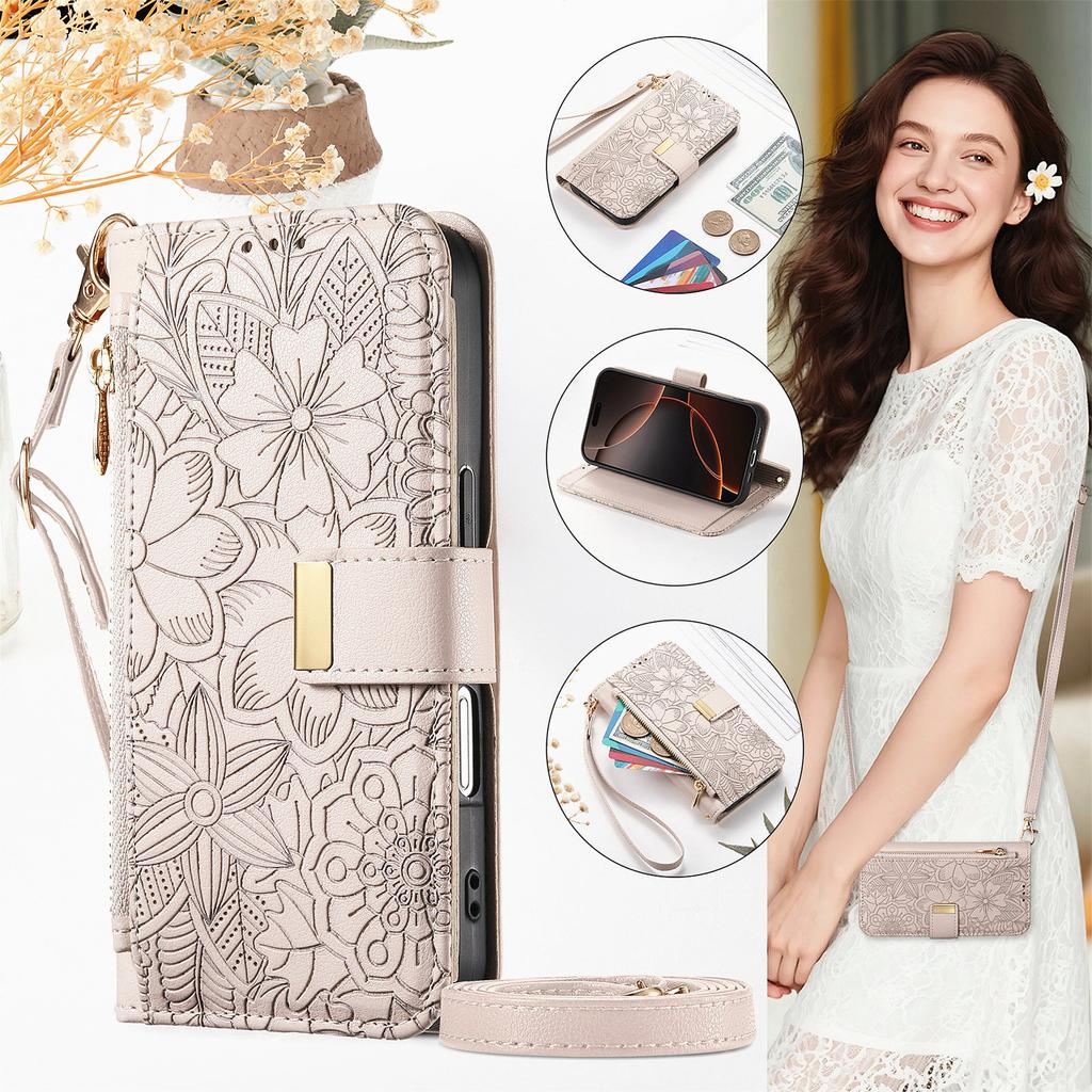 Floral Leather Wallet Case for Samsung Galaxy A05-A71 / S24-S25 series...with Detachable Shoulder Strap