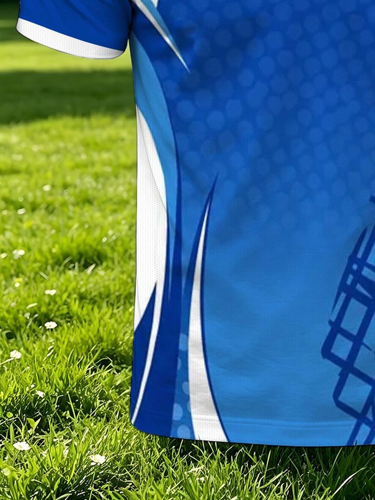 [Design Impresso - Não Texturizado] Camisa Polo Masculina de Manga Curta para Uso Externo, Disponível em Vários Tamanhos, Polo Masculino com Gola, Personagem de Golfe com Contraste Azul e Branco