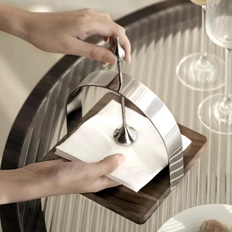 Stainless Steel Tissue Holder, Walnut Wood, Vertical Square Metal Tissue Holder, Western Restaurant Specific Napkin Holder