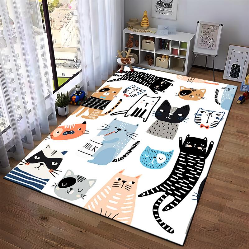 Cartoon Cat Pattern Area Rug - Cute Cats with Striped and Playful Designs" Suitable for use as an anti-slip1 for1room and bedroom sofas