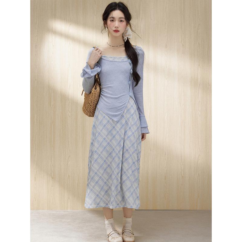 

Весенне-летний темпераментный клетчатый вязаный сарафан на бретелях + дизайнерская блузка комплект из двух предметов L