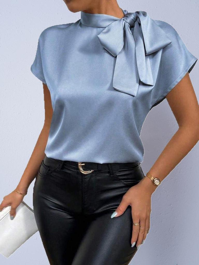 Herbst Satinschleifen-Oberteil - Damen Kurzarmhemd im europäischen & amerikanischen Stil