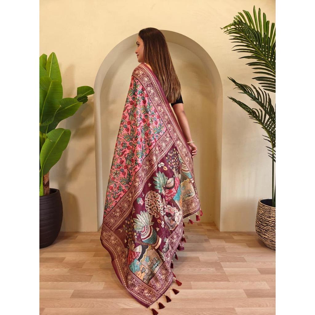 Soft cotton  chanderi sarees with kalamkari digital print pattern tassels over the saree.