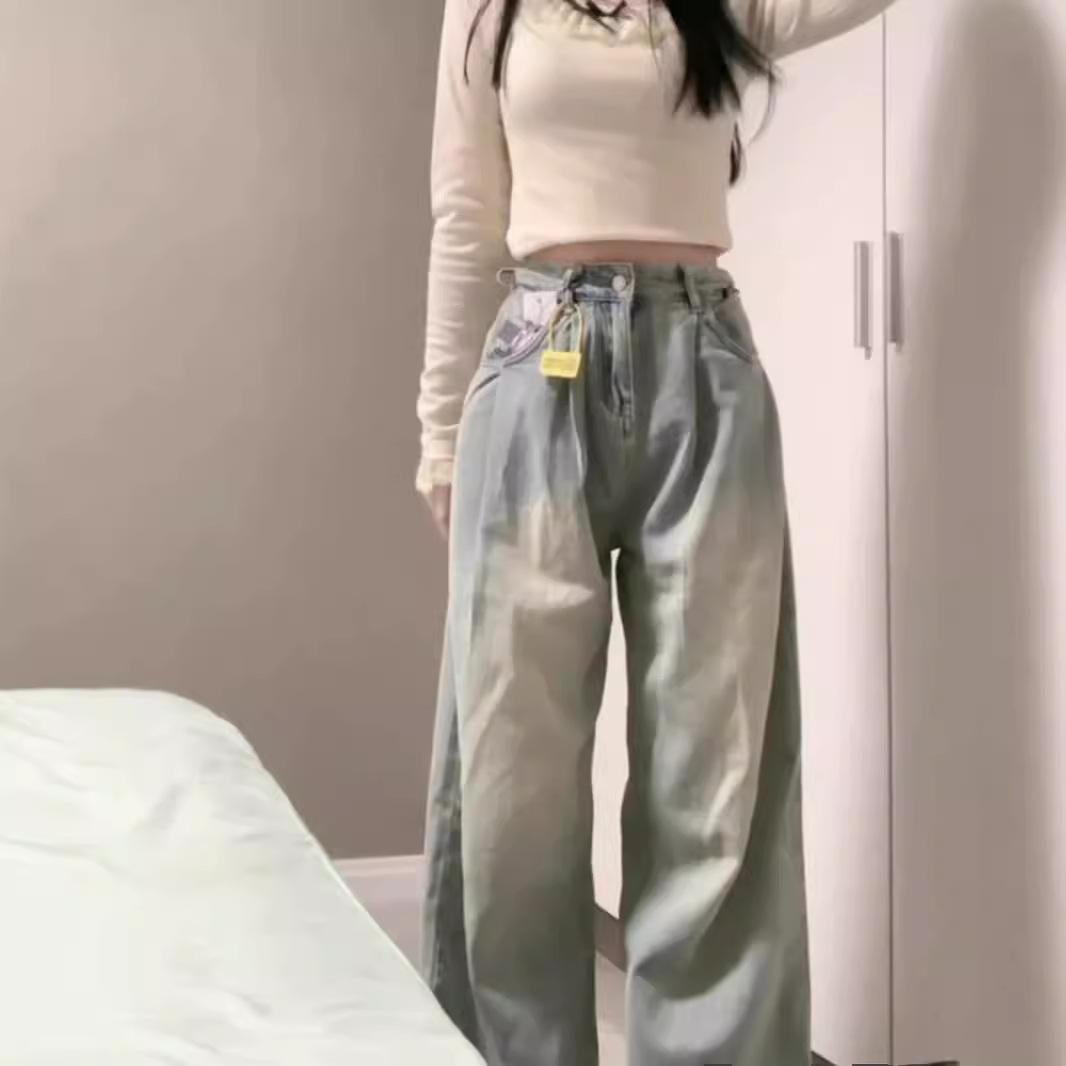 

Джинсы с высокой посадкой и широкими штанинами для женщин на лето, американский дизайн хай-стрит, маленькие свободные драпированные прямые брюки 2XL синий