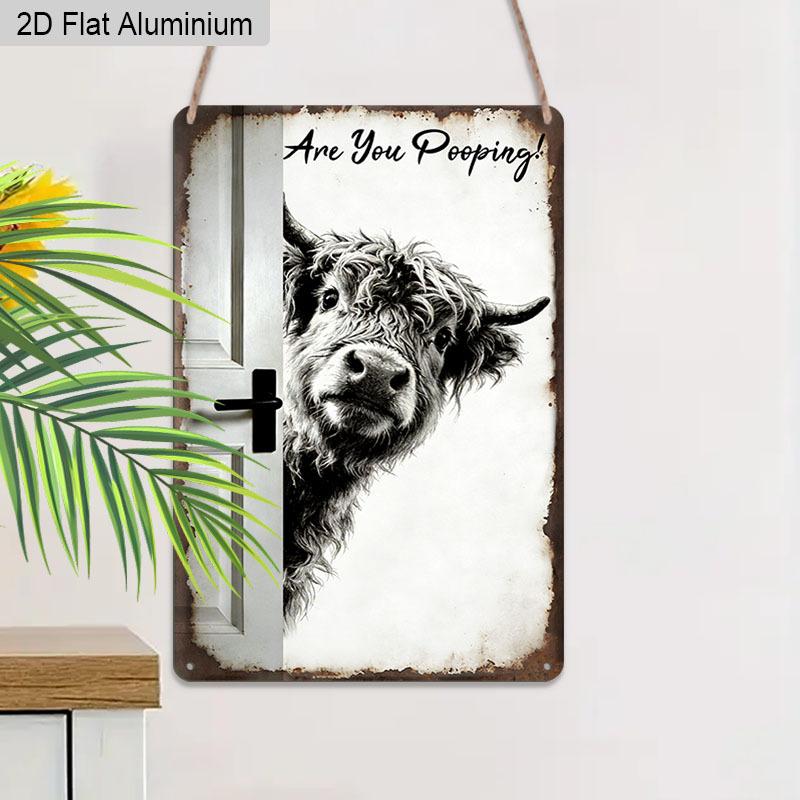 2D Flat, 1pc Vintage Humorous Aluminium Wall Art Sign "Are You Pooping!"- 8"x12" Aluminium Rustic Bathroom Decor, Funny Highland Cow Wall Art, Gag