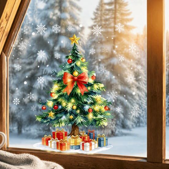 Reusable Window Film Christmas Tree Static Sticker, Waterproof PVC Decal, Watercolor Clings Snowflake Glass for Holiday Home Decor Creative