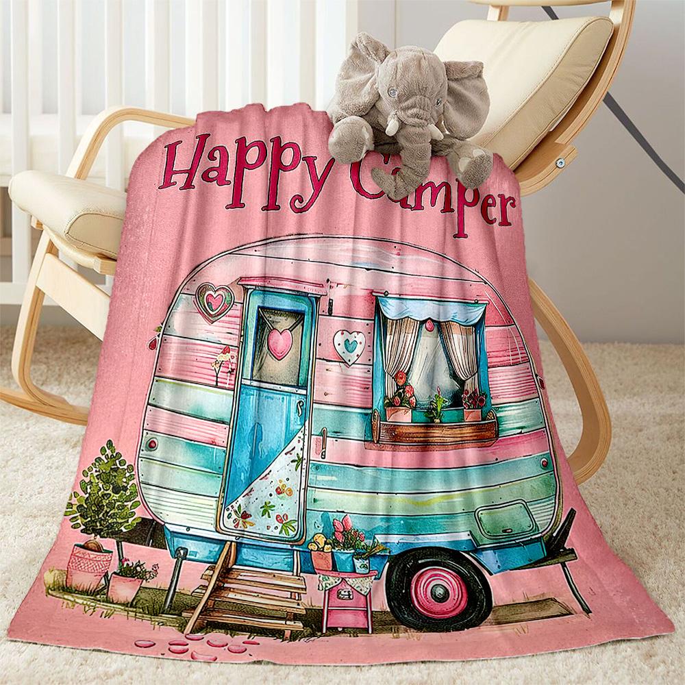 Happy Camper Adventure Blankets Are Suitable for Living Rooms,making Them an Ideal Choice for Outdoor Travel and Gifts.