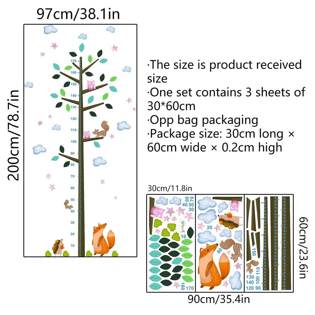 Height Chart Wall Tree and Animal Measures Height Up to Waterproof PVC Removable Matte Room Decor Sticker Sticker, Design, 170cm, Material, Finish,