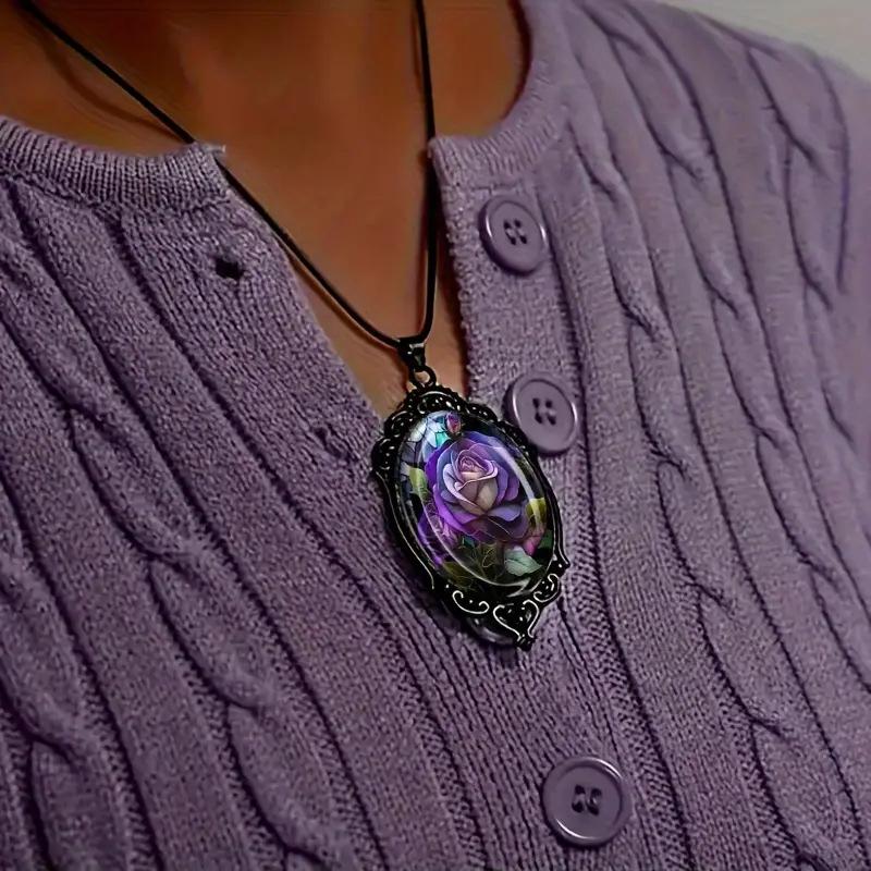 Dark Red Rose Exquisite Pattern Glass Pendant Necklace