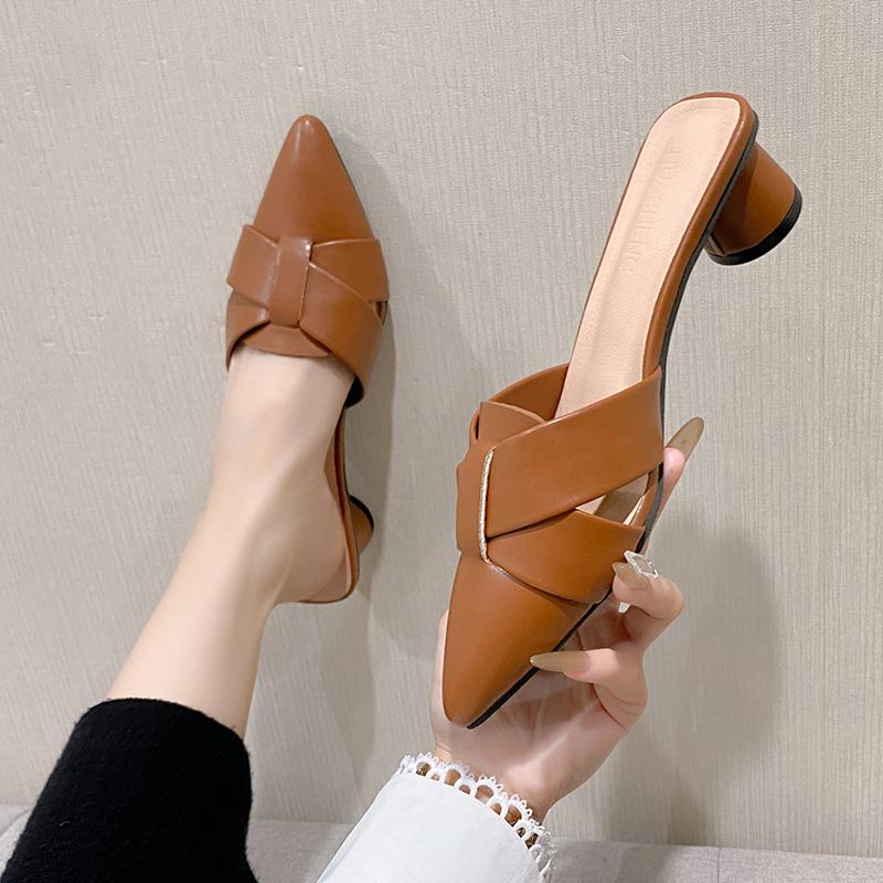 2025 New Women's Summer Pointed Half Slippers Women's Simple Middle Heel Sandal Fashionable Casual Comfortable Women's Shoes